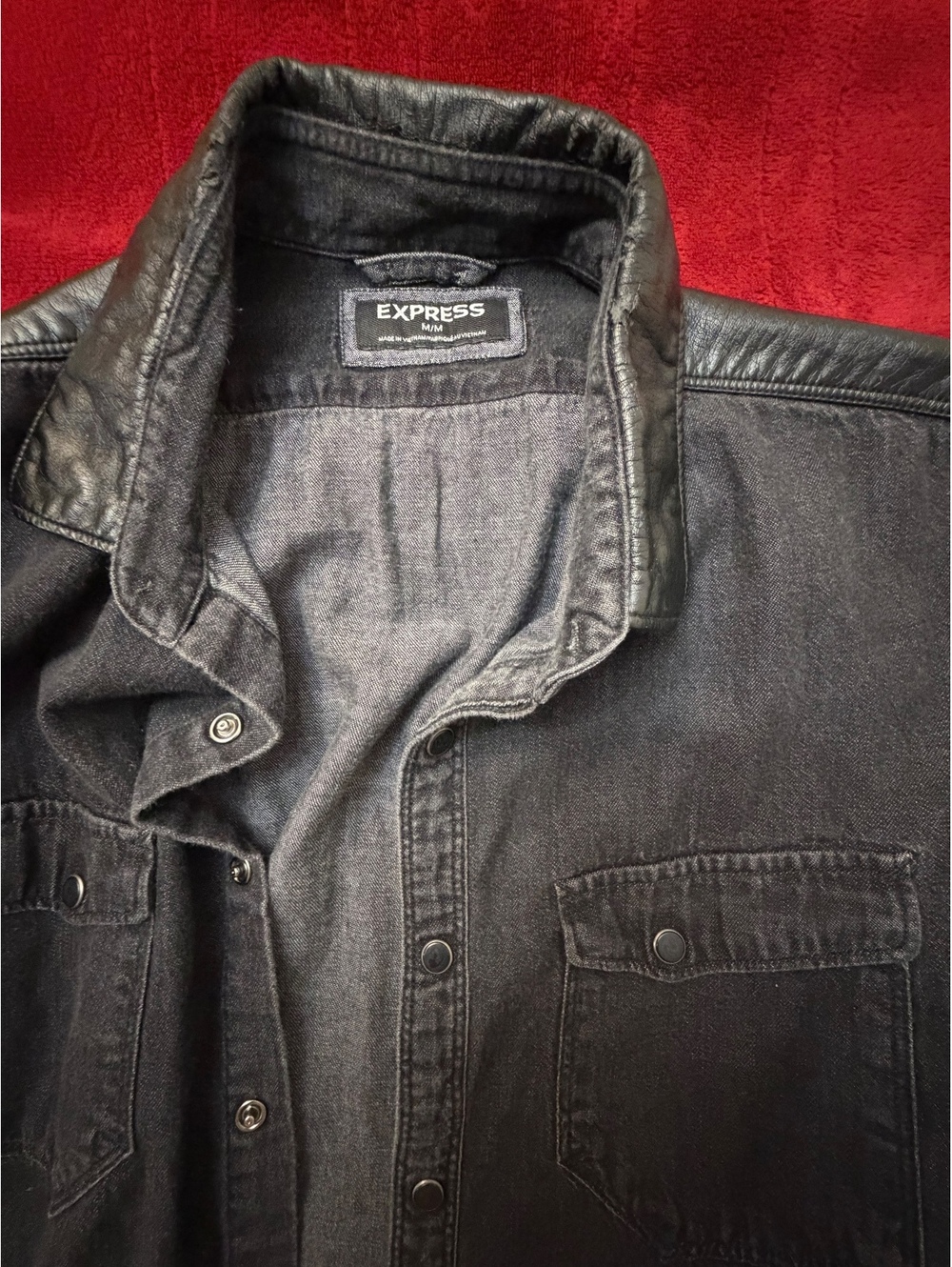 Express Men's Black Denim Shirt with Faux Leather Collar, Size M